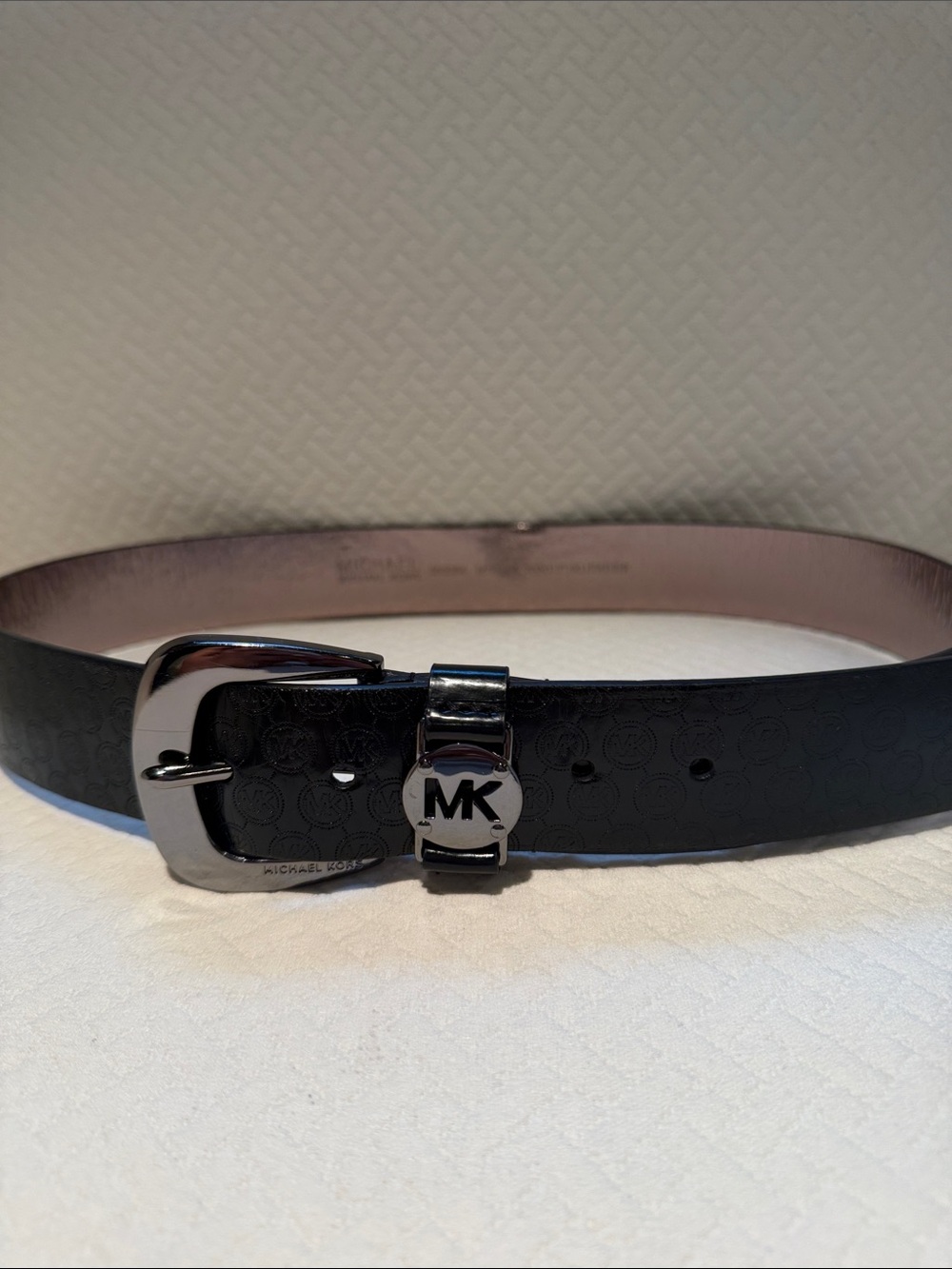 Michael Kors Black Logo Embossed Leather Belt with Silver MK Accent